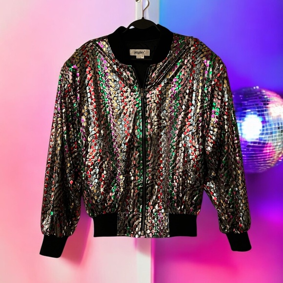 Mighty Retro/Vintage Metallic Silver Bomber Jacket with Multi-Colour Sequins - Picture 16 of 16